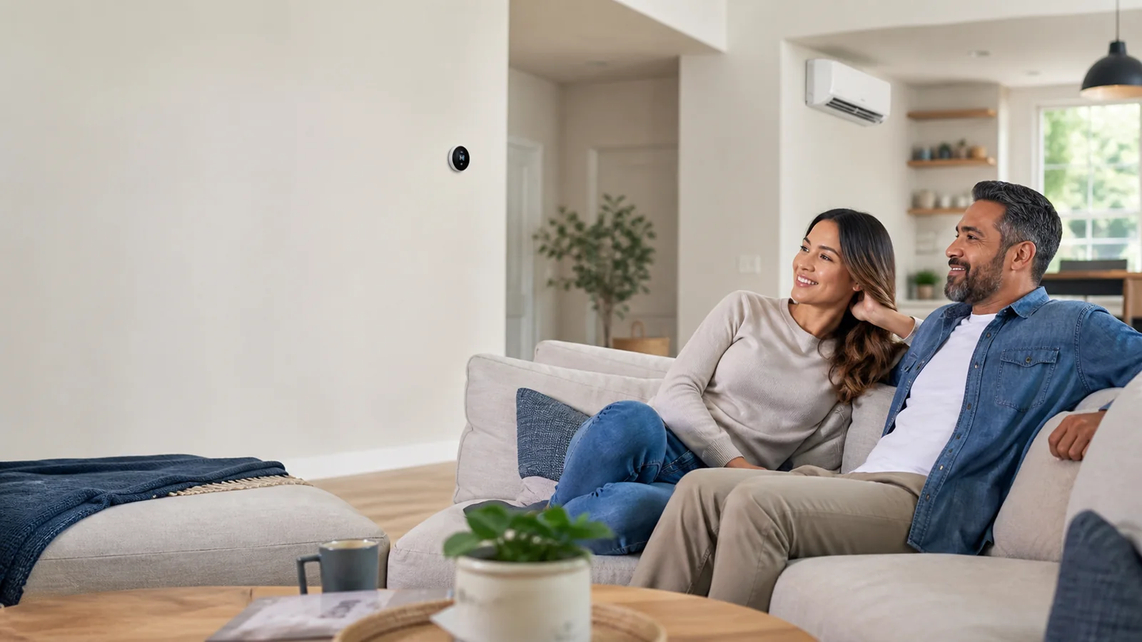 Homeowners relaxing comfortably in a modern living room with an energy-efficient HVAC system