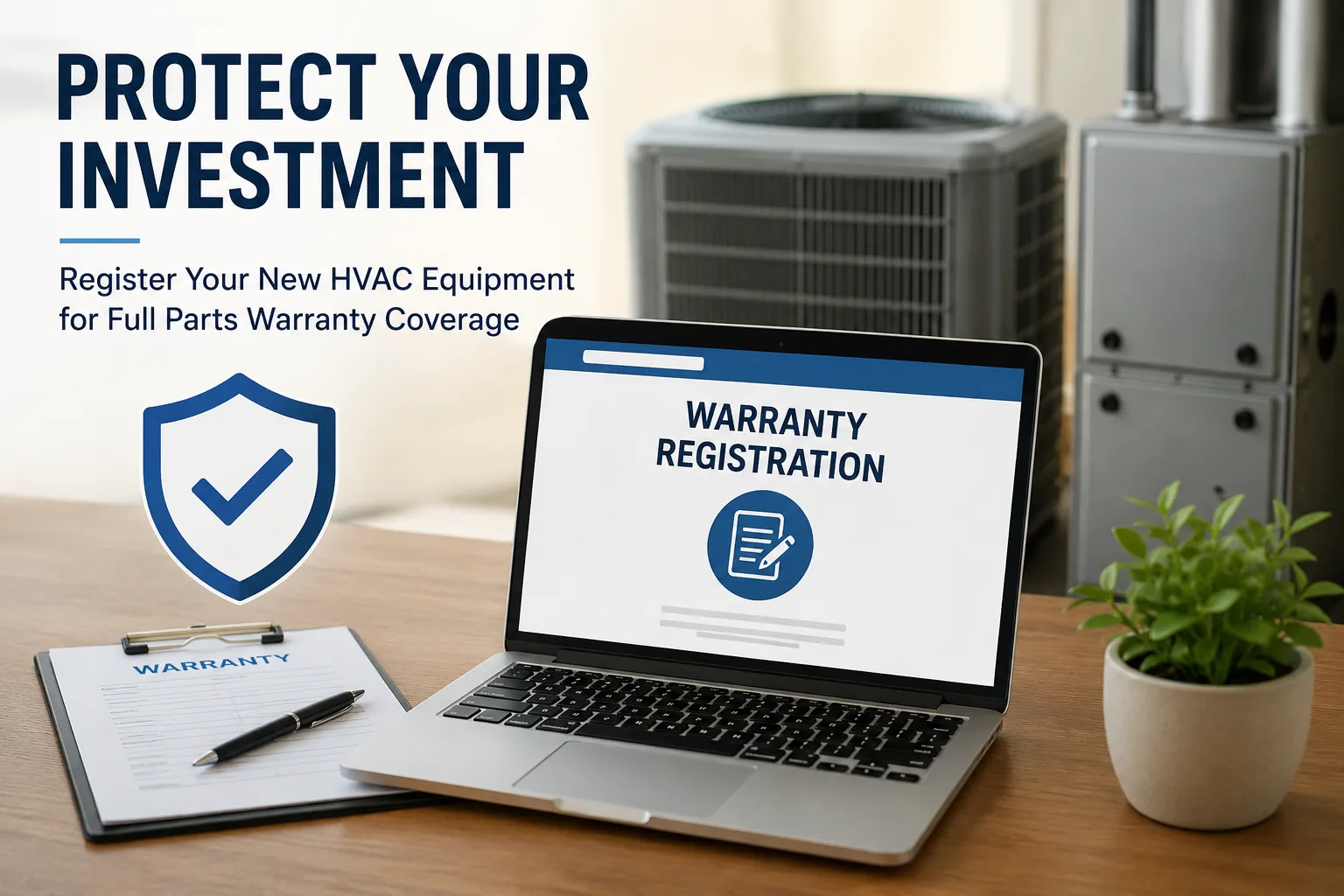 HVAC warranty registration with new heating and cooling equipment, laptop and warranty protection information