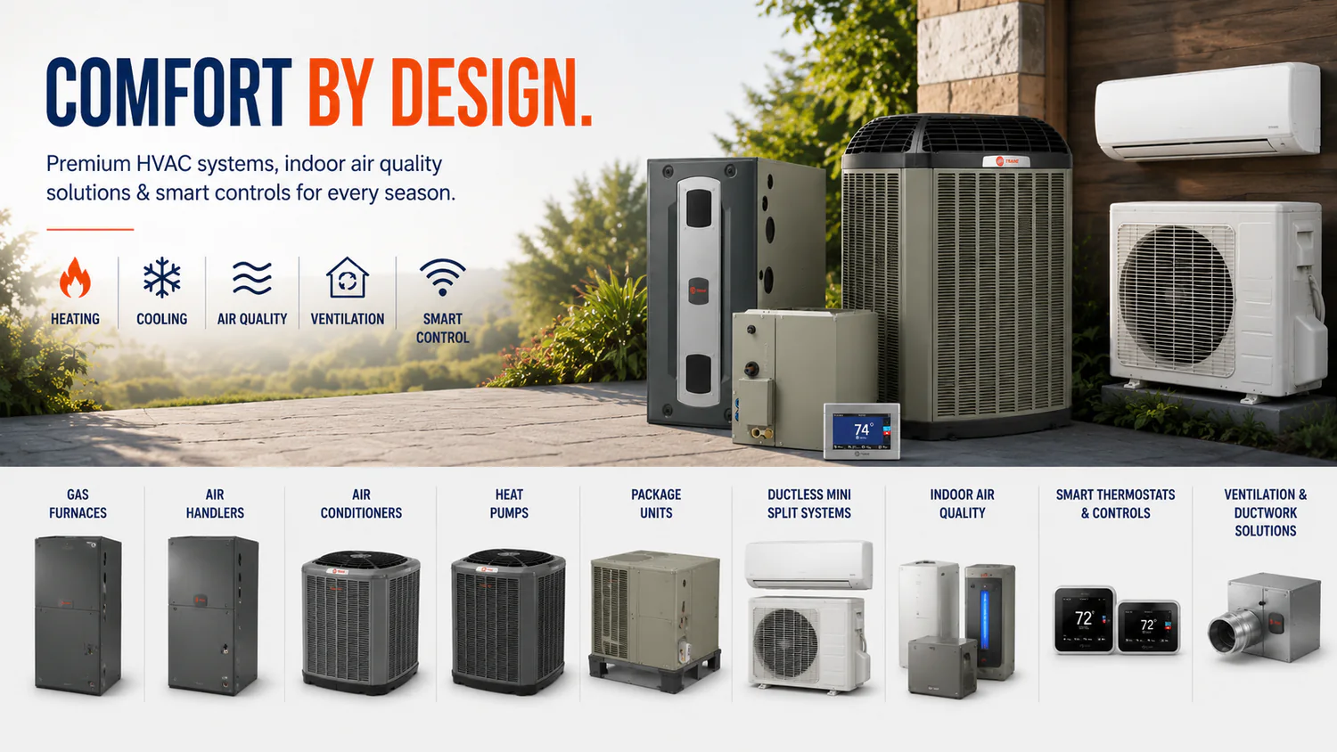 TRANE® HVAC heating and cooling systems, ductless mini split, indoor air quality products and smart thermostat