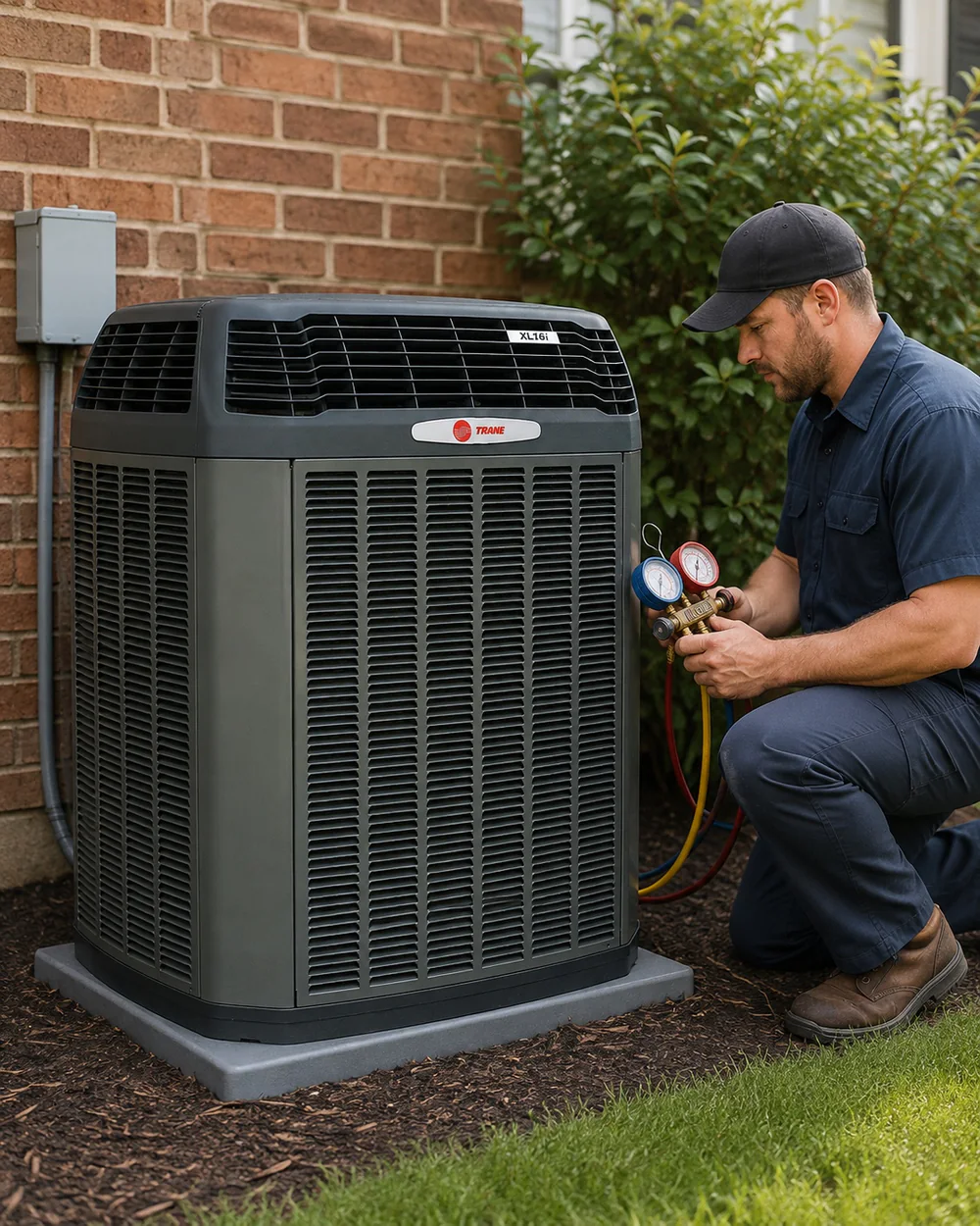 Technician Servicing TRANE AC Unit