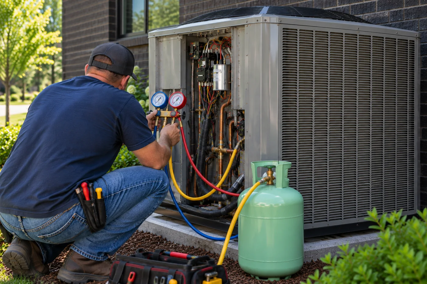 Hensley technician repairing an outdoor air conditioning system