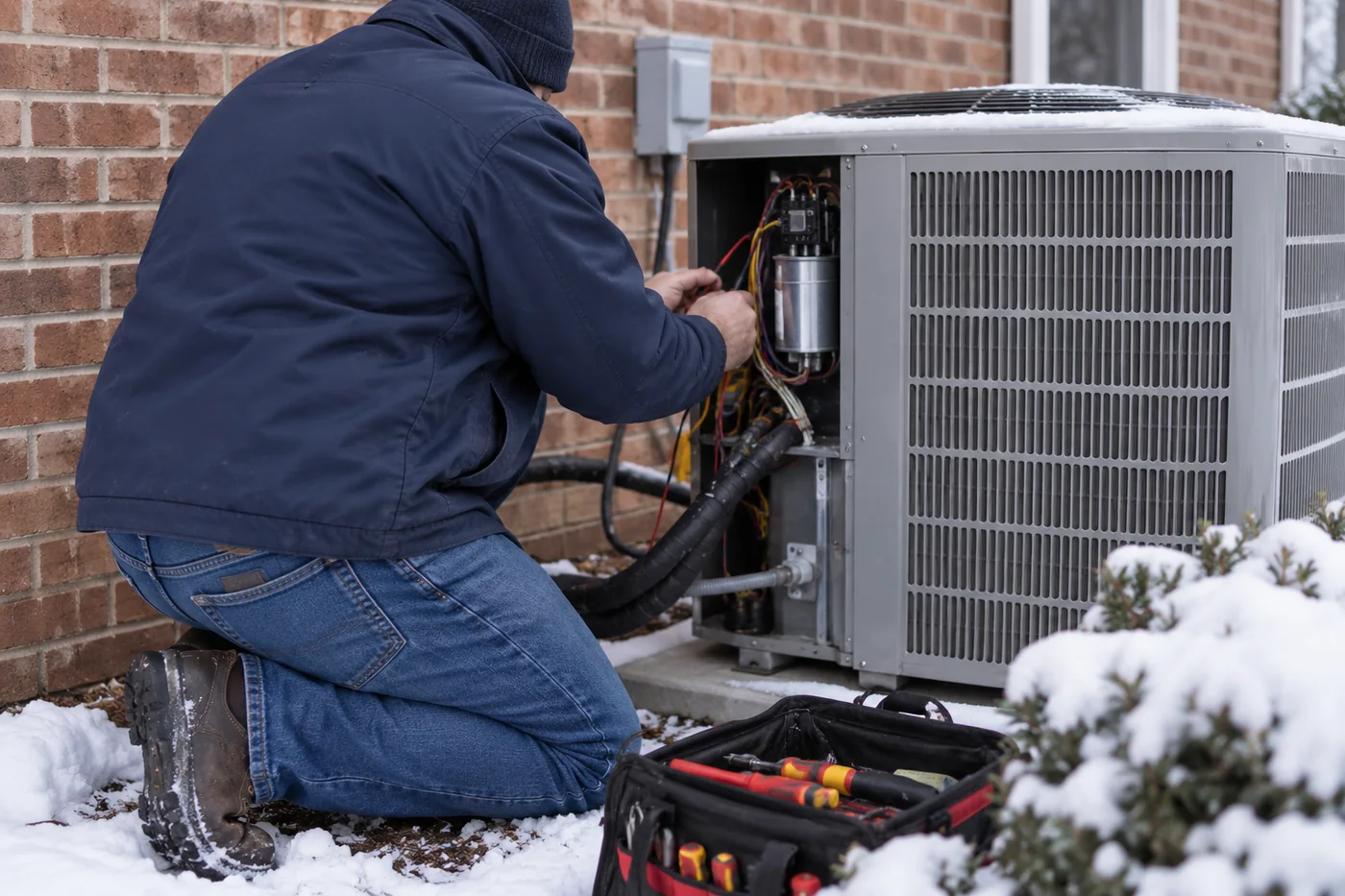Hensley technician servicing a residential heat pump in the Memphis area