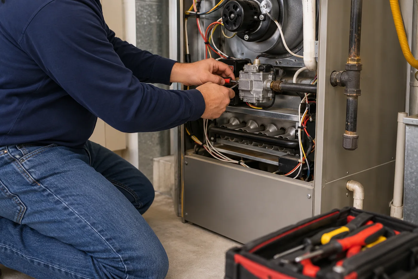 Hensley technician repairing a residential heating system in the Memphis area