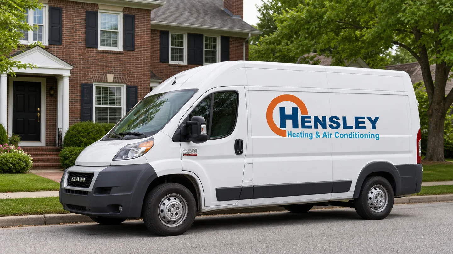 Hensley Heating & Air service van outside a home